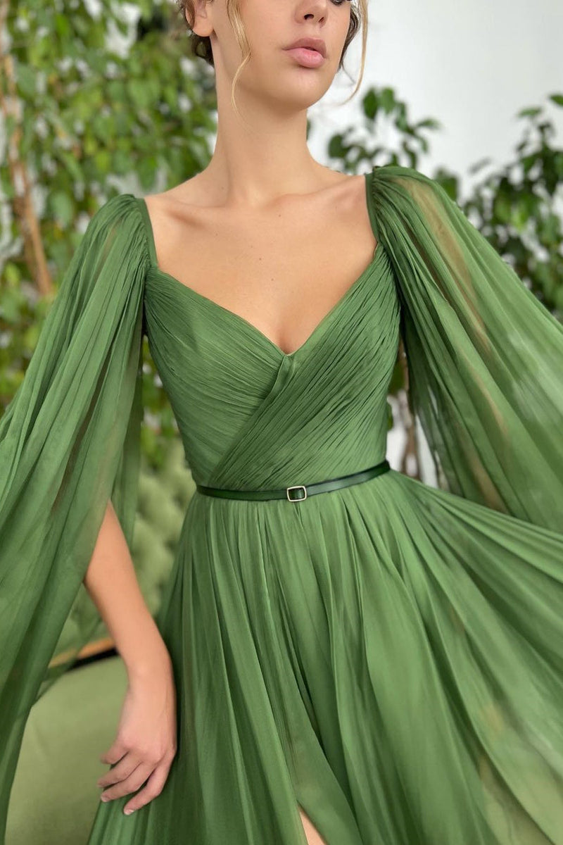 A-line V-neck Tulle Floor-length Vintage Prom Dress-Ballbella