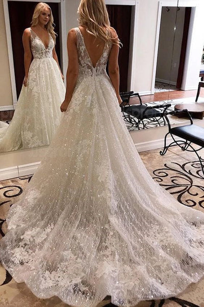 A-line V-neck Wide Strap Chapel Train Tulle Crochet Flower Wedding Dress A-line V-neck Wide Strap Chapel Train Tulle Crochet Flower Wedding Dress