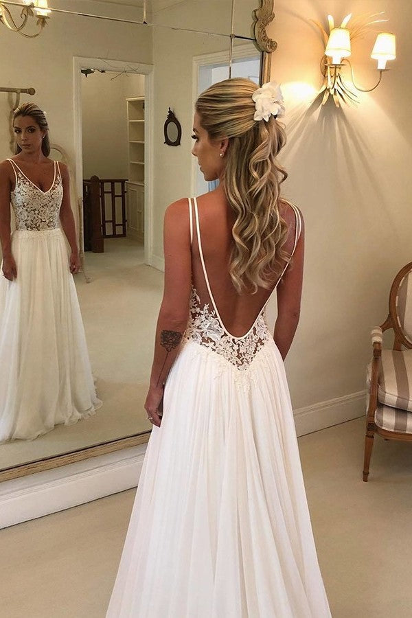 A-line V-neck Wide Strap Floor Length Backless Applique Wedding Dress-Ballbella