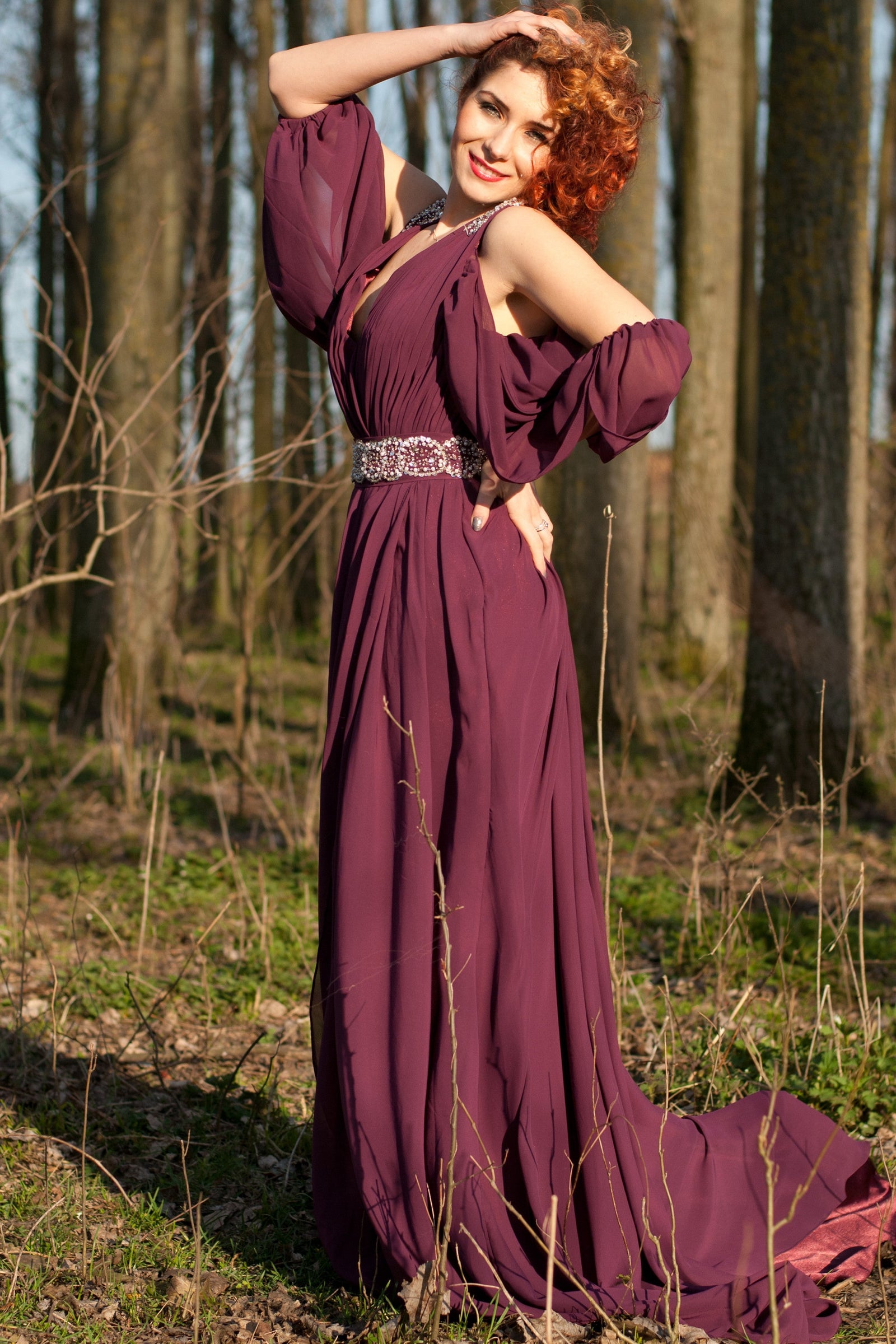 A-line V-neck Wide Strap Floor Length Chiffon Rhinestone Evening Dress – Ballbella