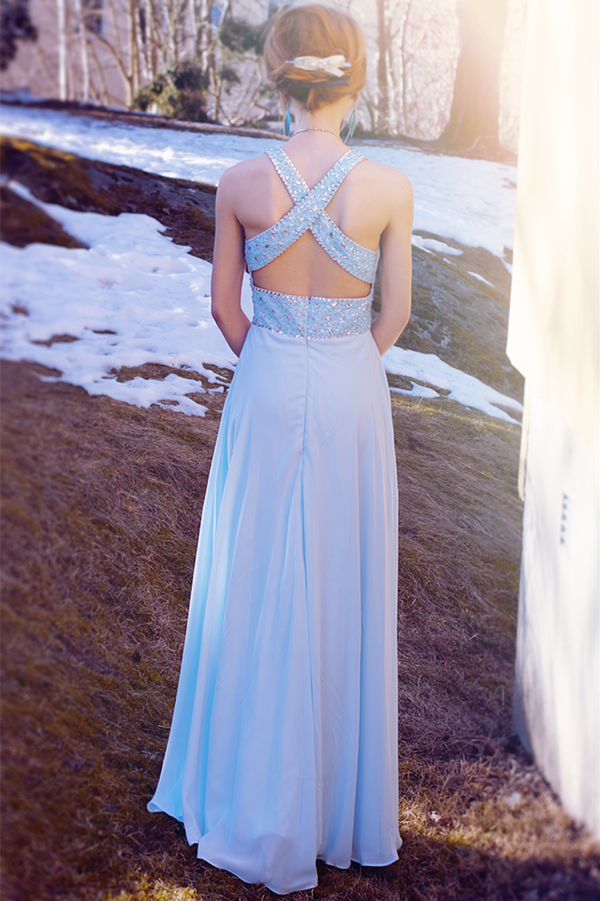 A-line V-neck Wide Straps Floor Length Chiffon Backless Rhinestone Evening Dress A-line V-neck Wide Straps Floor Length Chiffon Backless Rhinestone Evening Dress