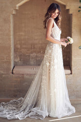 A-line Wedding Dress Sleeveless Lace Chic V-Neck Bridal Gowns With Train-Ballbella