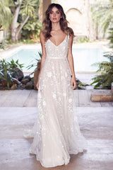 A-line Wedding Dress Sleeveless Lace Chic V-Neck Bridal Gowns With Train-Ballbella