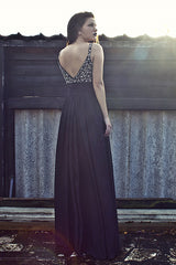 A-line Wide Strap Floor Length Chiffon Rhinestone Backless Prom Dress-Ballbella
