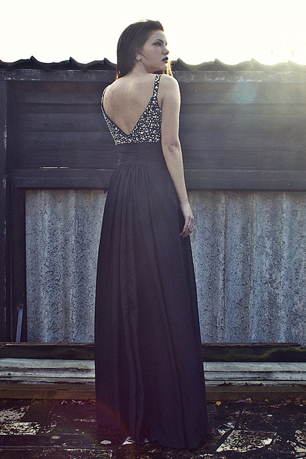 A-line Wide Strap Floor Length Chiffon Rhinestone Backless Prom Dress-Ballbella
