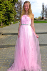 A-line Wide Strap Floor Length Chrmuse Tulle Rhinestone Prom Dress-Ballbella