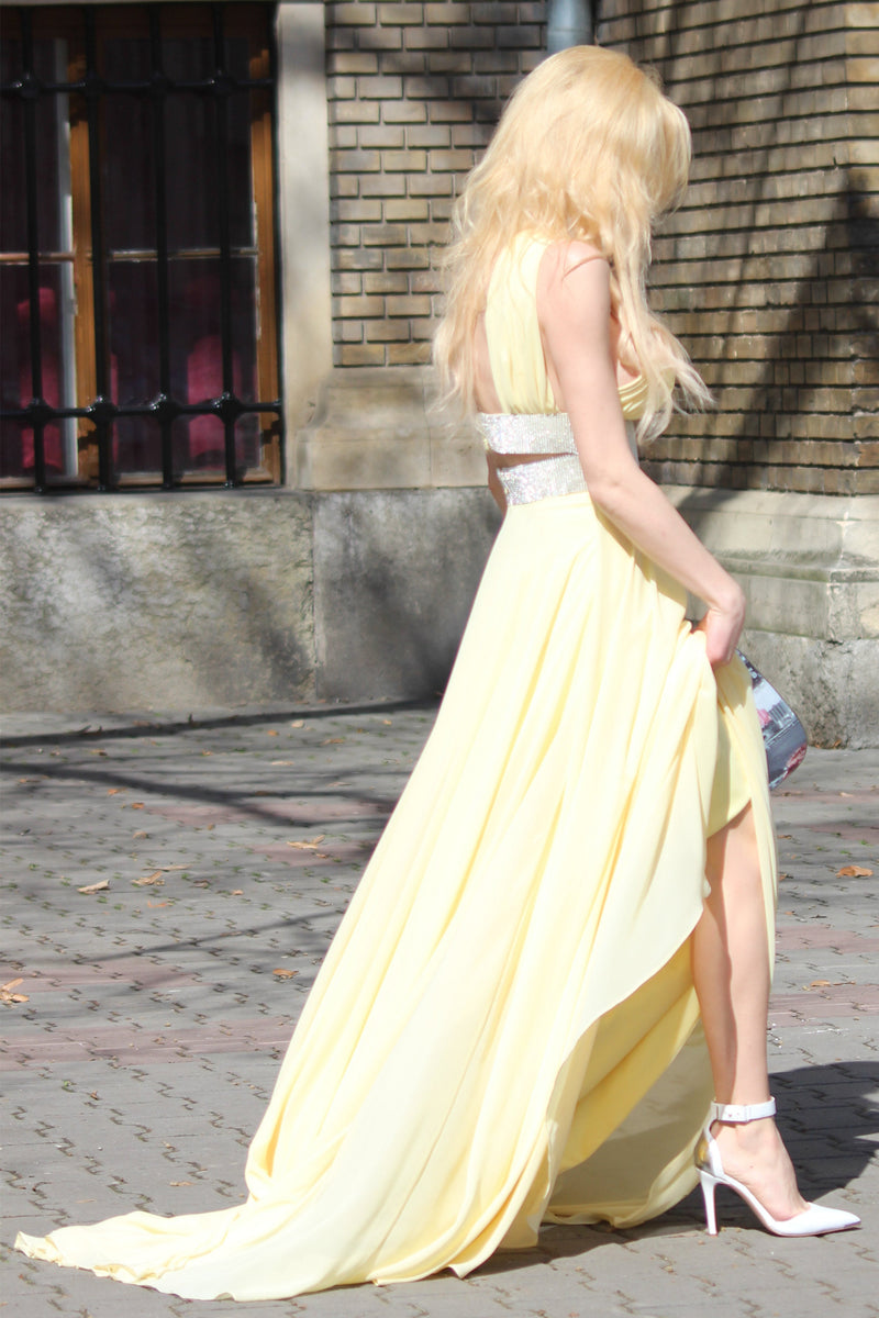 A-line Wide Strap V-neck Floor Length Chiffon Paillette Backless Prom Dress-Ballbella
