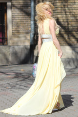 A-line Wide Strap V-neck Floor Length Chiffon Paillette Backless Prom Dress-Ballbella