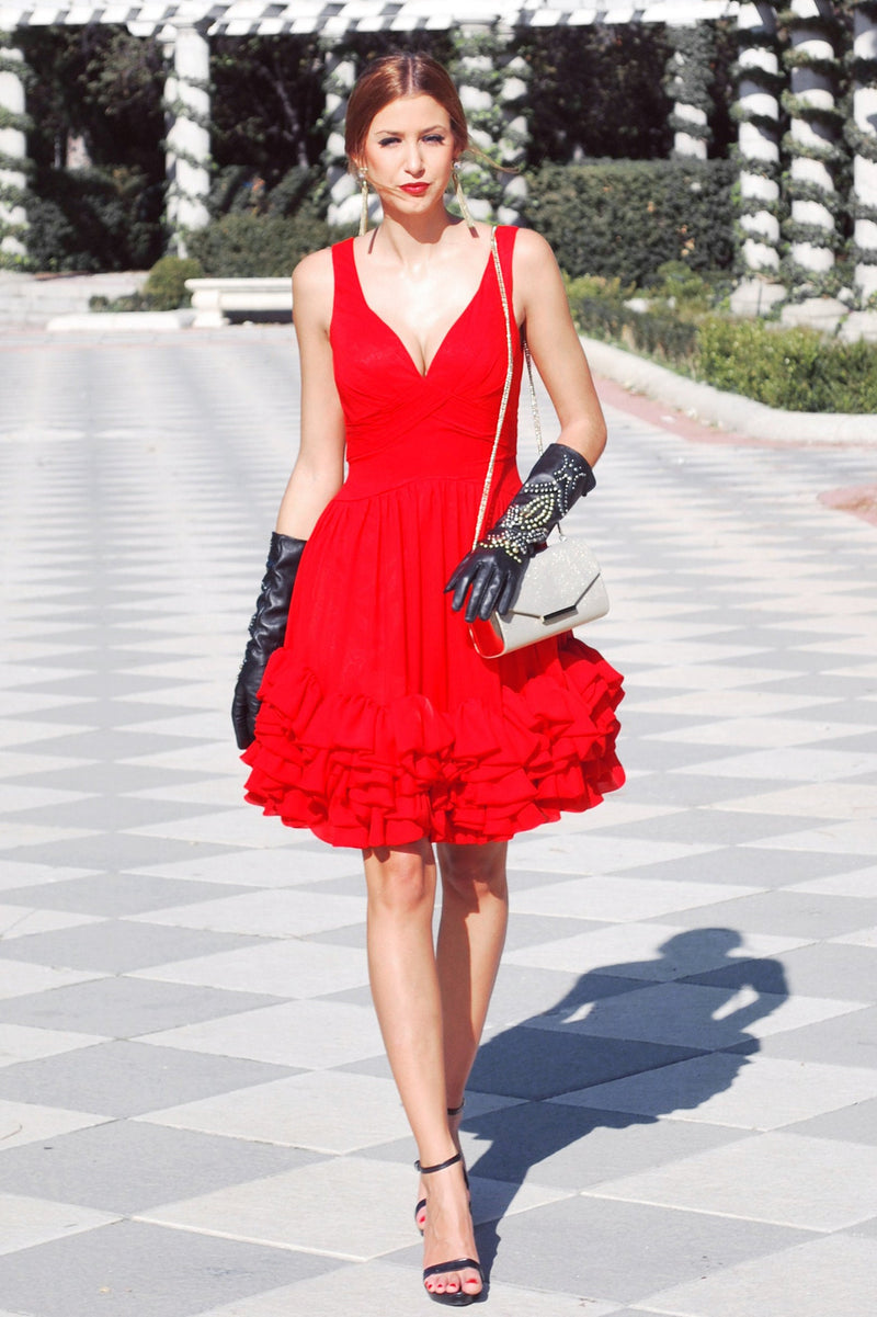 A-line Wide Strap V-neck Knee Length Chiffon Multi Layer Prom Dress-Ballbella