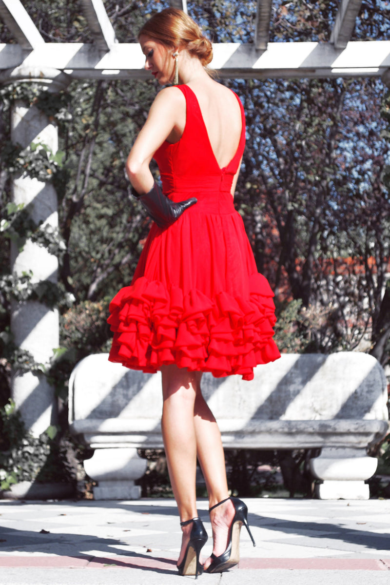 A-line Wide Strap V-neck Knee Length Chiffon Multi Layer Prom Dress-Ballbella