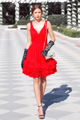 A-line Wide Strap V-neck Knee Length Chiffon Multi Layer Prom Dress-Ballbella