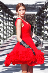 A-line Wide Strap V-neck Knee Length Chiffon Multi Layer Prom Dress-Ballbella