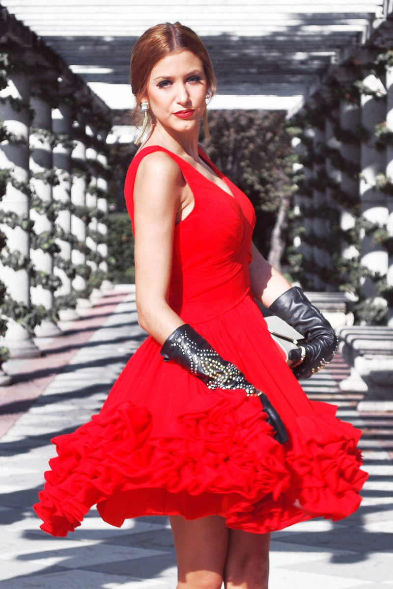 A-line Wide Strap V-neck Knee Length Chiffon Multi Layer Prom Dress-Ballbella