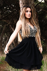 A-line Wide Strap V-neck Knee Length Tulle Rhinestone Prom Dress-Ballbella