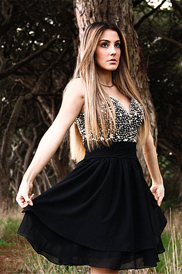 A-line Wide Strap V-neck Knee Length Tulle Rhinestone Prom Dress-Ballbella