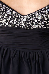 A-line Wide Strap V-neck Knee Length Tulle Rhinestone Prom Dress-Ballbella