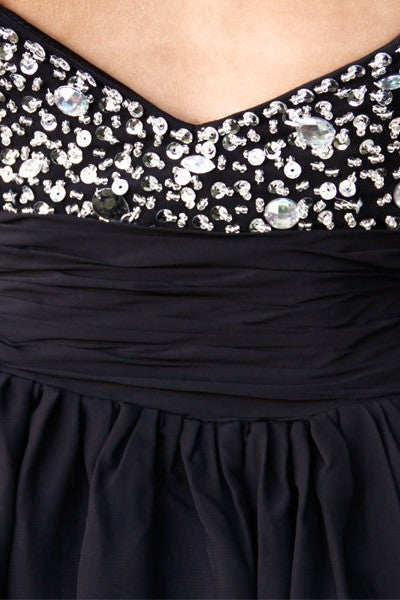 A-line Wide Strap V-neck Knee Length Tulle Rhinestone Prom Dress-Ballbella