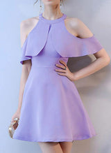 A-Line/Princess High Neck Short Sleeves Elastic Satin Short/Mini Homecoming Dresses Dress-Ballbella
