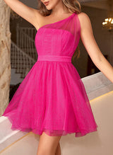 A-Line/Princess One Shoulder Tulle Sleeveless Short/Mini Homecoming Dresses With Pleated-Ballbella