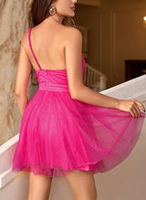A-Line/Princess One Shoulder Tulle Sleeveless Short/Mini Homecoming Dresses With Pleated-Ballbella