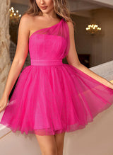 A-Line/Princess One Shoulder Tulle Sleeveless Short/Mini Homecoming Dresses With Pleated-Ballbella