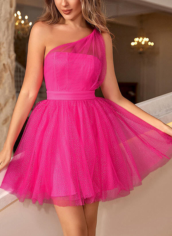 A-Line/Princess One Shoulder Tulle Sleeveless Short/Mini Homecoming Dresses with Pleated A-Line/Princess One Shoulder Tulle Sleeveless Short/Mini Homecoming Dresses with Pleated
