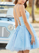 A-Line/Princess Sleeveless Short/Mini Tulle Homecoming Dresses WIth Appliques Lace-Ballbella