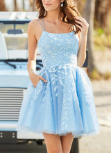 A-Line/Princess Sleeveless Short/Mini Tulle Homecoming Dresses WIth Appliques Lace-Ballbella