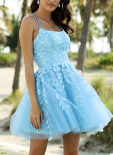 A-Line/Princess Sleeveless Short/Mini Tulle Homecoming Dresses WIth Appliques Lace-Ballbella