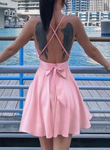 A-Line/Princess V-Neck Satin Sleeveless Short/Mini Homecoming Dresses With Bow(s) Pleated-Ballbella