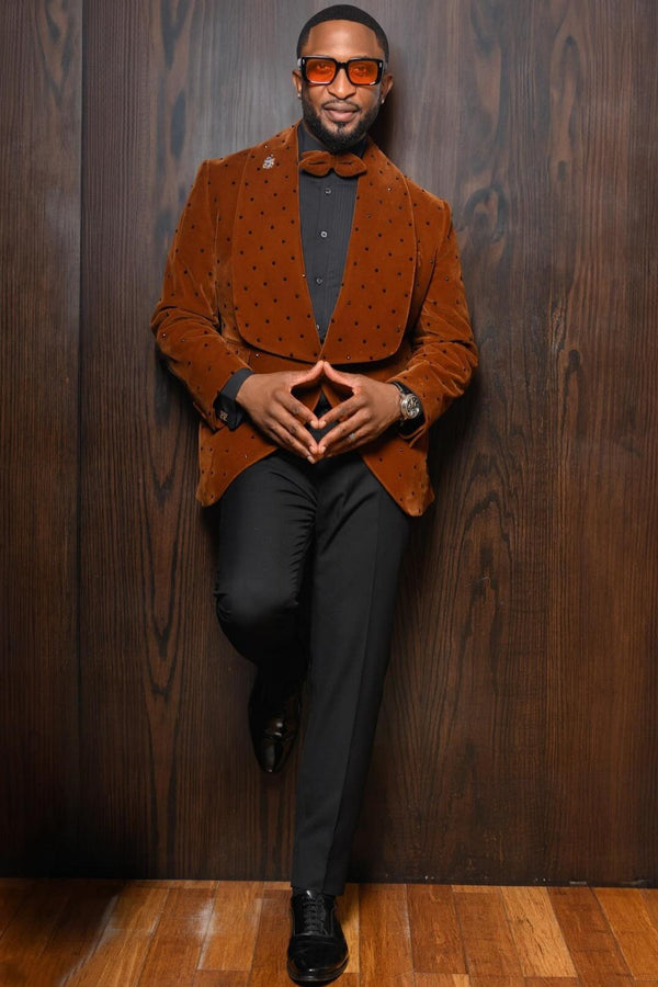 Caramel Shawl Lapel Velvet Prom Suit with Beading