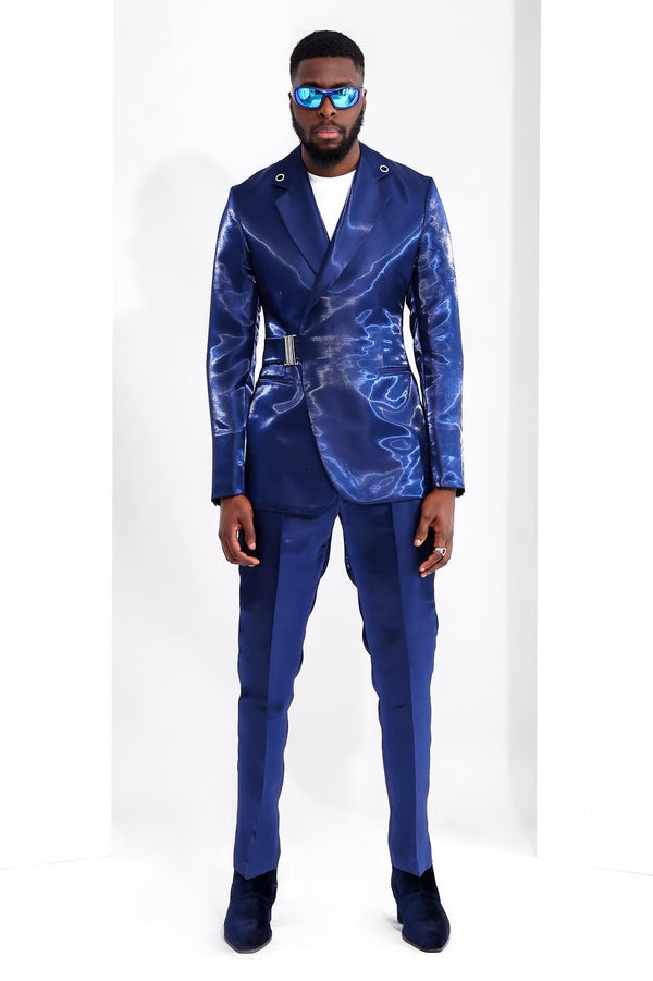 Shiny Blue Buckle Belt Men¡¯s Fashion Prom Suit