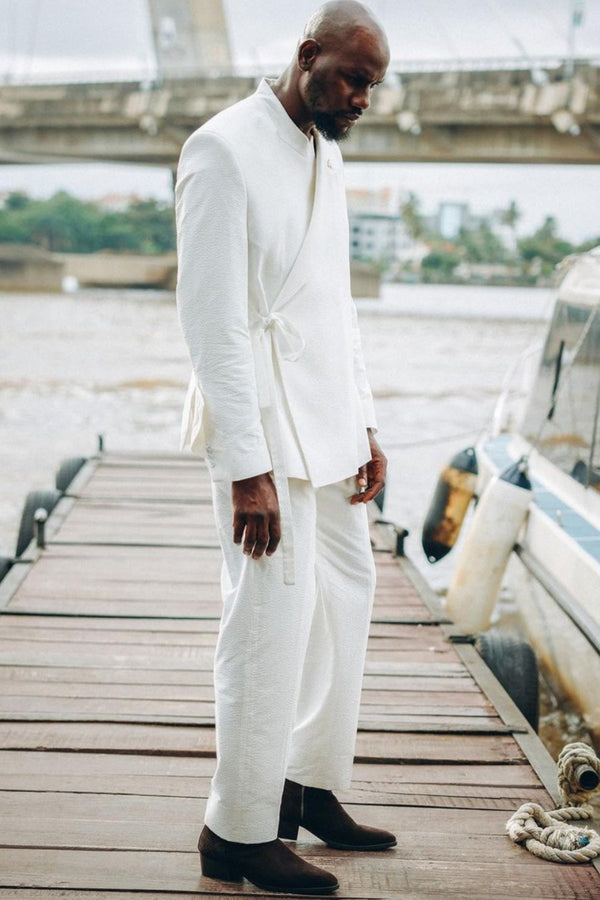 White Peaked Lapel Prom Suit with Sash