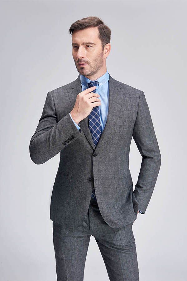 Advanced Grey Plaid Mens Suits for Business Peak Lapel Bespoke
