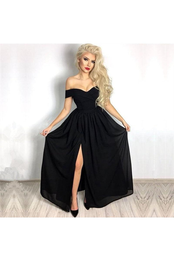 Affordable Chic Black Formal Dresses Off-the-Shoulder Front Slit Evening Dresses-Ballbella