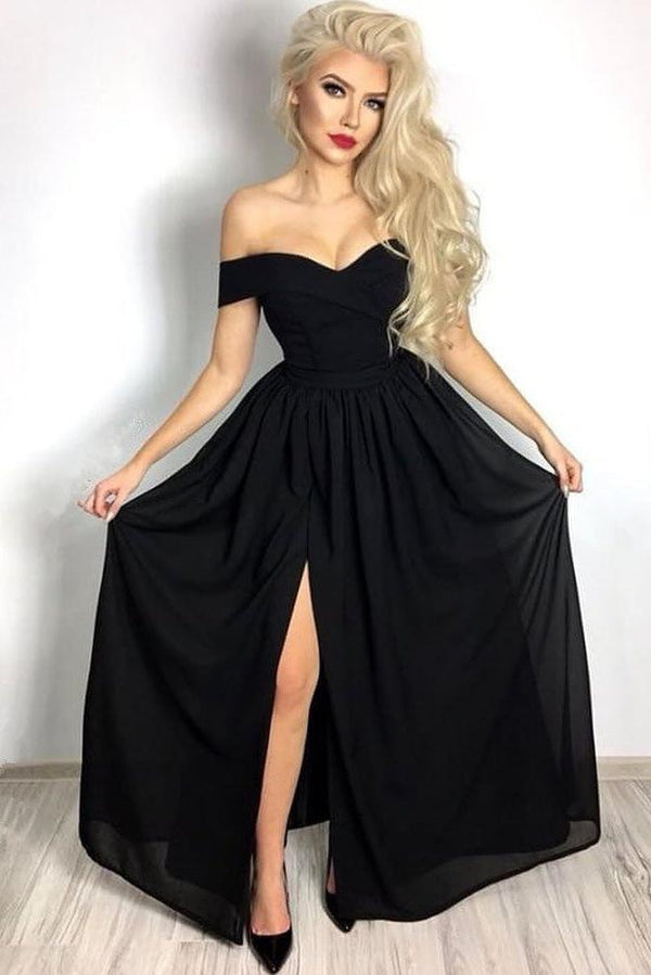 Affordable Chic Black Formal Dresses Off-the-Shoulder Front Slit Evening Dresses Affordable Chic Black Formal Dresses Off-the-Shoulder Front Slit Evening Dresses