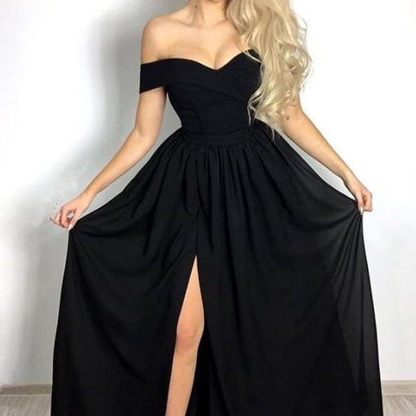Affordable Chic Black Formal Dresses Off-the-Shoulder Front Slit Evening Dresses Affordable Chic Black Formal Dresses Off-the-Shoulder Front Slit Evening Dresses