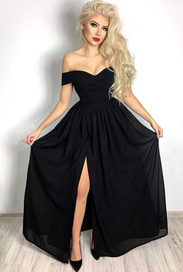 Customizing this New Arrival Affordable Chic Black Formal Dresses Off-the-Shoulder Front Slit Evening Dresses on Ballbella. We offer extra coupons,  make Evening Dresses in cheap and affordable price. We provide worldwide shipping and will make the dress perfect for everyone.