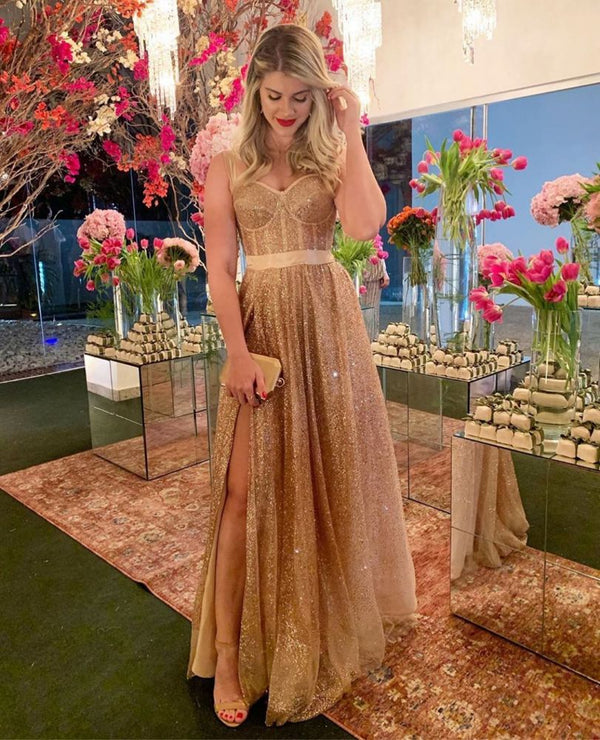 Looking for Prom Dresses in Bright silk,  A-line style, and Gorgeous Ribbons work. We have all covered on this Affordable Sparkle Gold Sequin Sweetheart Prom Party Gowns with Chic High Split design.