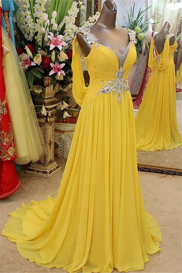 Still not know where to get your event dresses online? Ballbella offer you Affordable Yellow Spaghetti Strap Open Back Prom Dresses Sleeveless Applique Evening Dresses with Beadss at factory price,  fast delivery worldwide.