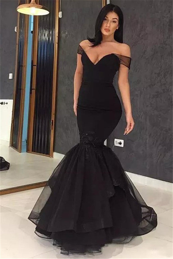 Still not know where to get your event dresses online? Ballbella offer you Alluring Black Off-the-Shoulder Applique Prom Dresses Ruffles Chic Mermaid Evening Dresses at factory price,  fast delivery worldwide.