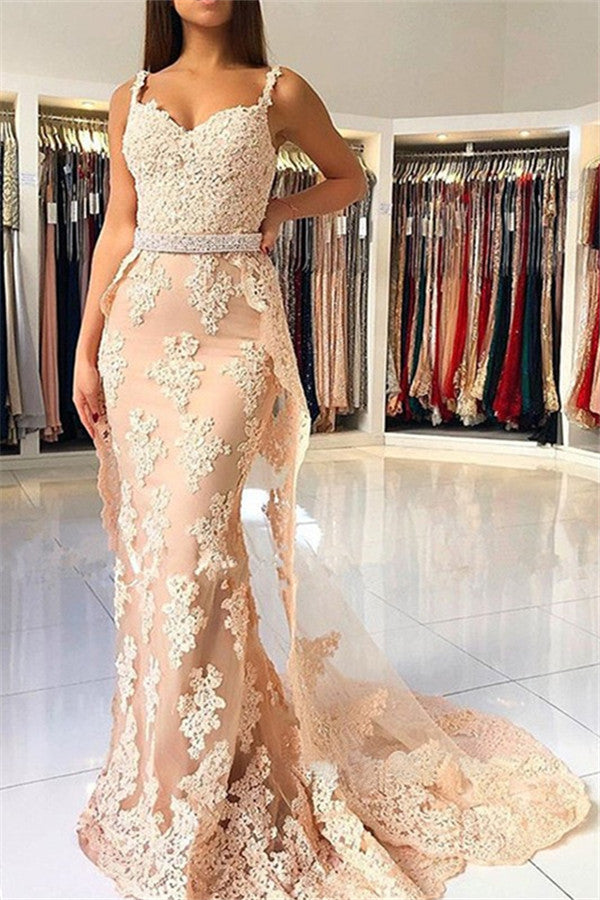 Ballbella has a great collection of Alluring Elegant Lace Spaghetti Strap Chic Mermaid Prom Dresses Sleeveless Evening Dresses with Over-skirt at an affordable price. Welcome to buy high quality Prom Dresses, Evening Dresses from Ballbella.