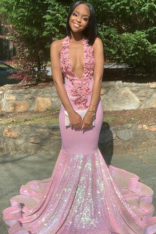 Alluring Halter Applique Glittering Sequins Prom Dresses Ruffles Open Back Chic Mermaid Sleeveless Evening Dresses-Ballbella