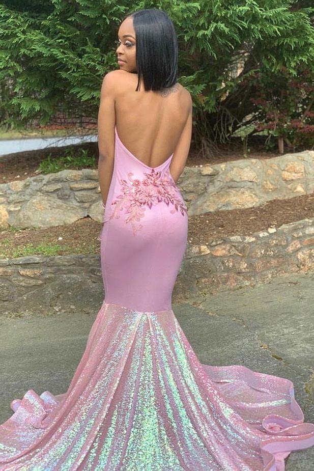 Alluring Halter Applique Glittering Sequins Prom Dresses Ruffles Open Back Chic Mermaid Sleeveless Evening Dresses-Ballbella