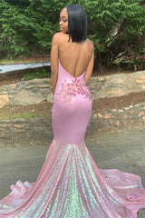 Alluring Halter Applique Glittering Sequins Prom Dresses Ruffles Open Back Chic Mermaid Sleeveless Evening Dresses-Ballbella