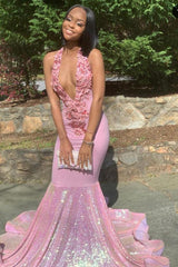 Alluring Halter Applique Glittering Sequins Prom Dresses Ruffles Open Back Chic Mermaid Sleeveless Evening Dresses-Ballbella