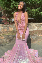 Alluring Halter Applique Glittering Sequins Prom Dresses Ruffles Open Back Chic Mermaid Sleeveless Evening Dresses-Ballbella