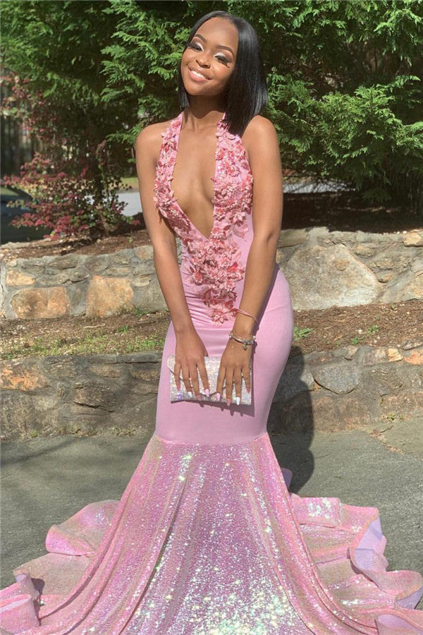 Alluring Halter Applique Glittering Sequins Prom Dresses Ruffles Open Back Chic Mermaid Sleeveless Evening Dresses-Ballbella