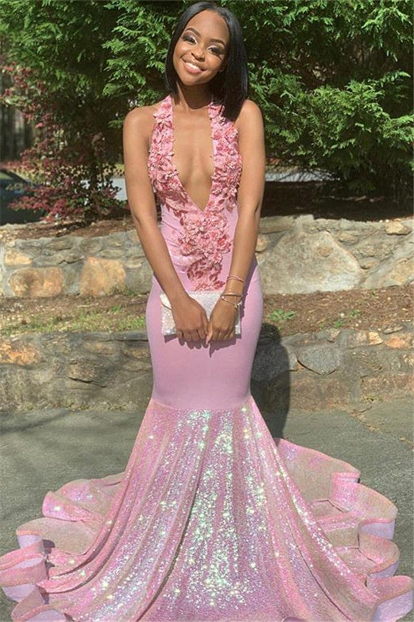 Alluring Halter Applique Glittering Sequins Prom Dresses Ruffles Open Back Chic Mermaid Sleeveless Evening Dresses-Ballbella