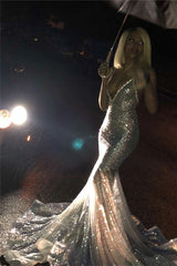 Alluring Spaghetti straps Glittering Sequins Sleeveless Mermaid Open Back Evening Dresses-Ballbella